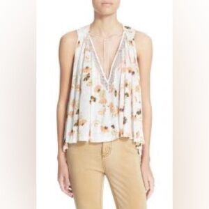 Free People Floral V-Neck Blouse - Cream and Orange